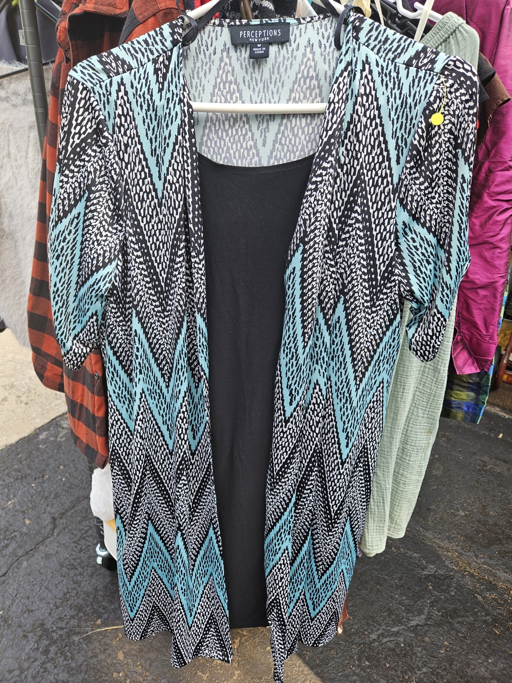 Perceptions Black and Teal Open-Front Zigzag Duster-Dress Travelwear Polyester